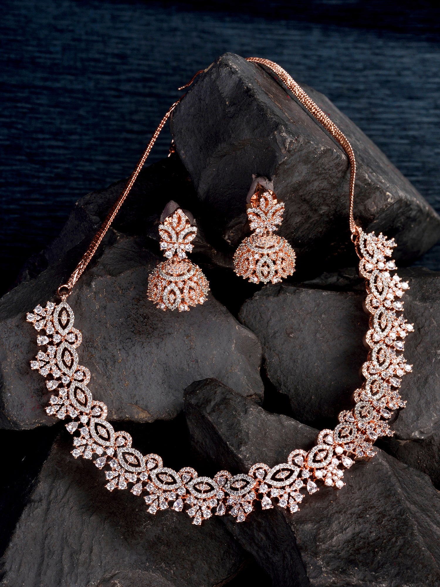 Rose Gold Plated White AD Studded Necklace Jhumka Jewellery Set